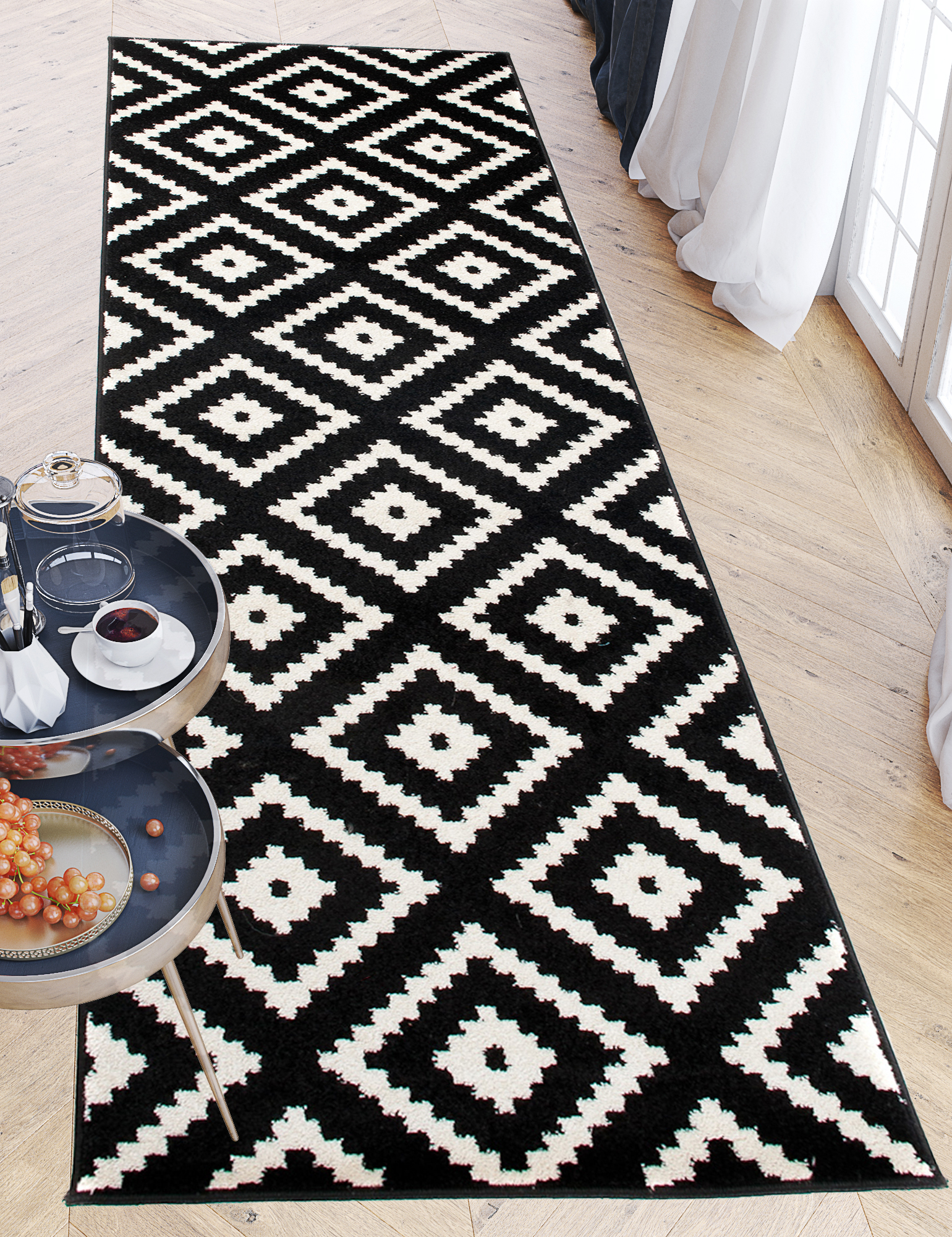 Läufer Schwarz Marokkanisch Designer Modern Muster Küche Teppich Flur Diele